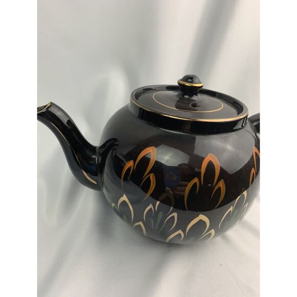 Vintage Brown Heath Ceramics Teapot Made in England Gold Trim Painted Design - Picture 4 of 12